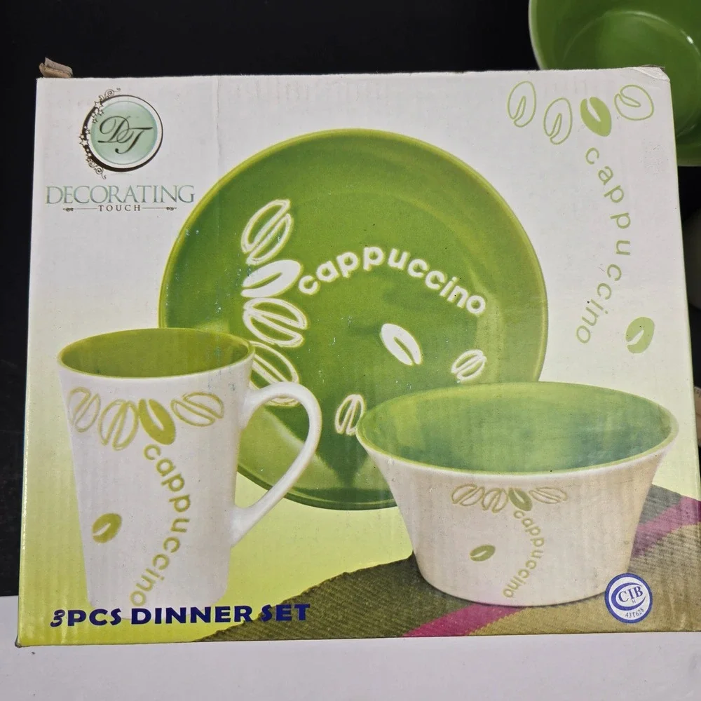 Decorating Touch 3pc Cappuccino Dinner Set Lime Green White Mug Bowl Plate NEW